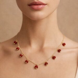 Talbots Red Beaded Charm Necklace Gold Tone Strawberry Dangle Statement